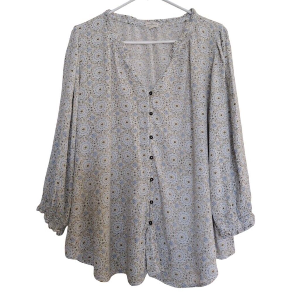 Mason & Belle Blouse Women 1X Beige Blue Floral Balloon Sleeve Peasant Button Up